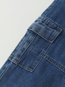 SHEIN 青少年男童复古休闲街头风多口袋宽松舒适全弹力腰带抽绳裤脚牛仔工装裤，适合学校、校园、学院风秋冬穿着 - 深色水洗藍 - 查看 6