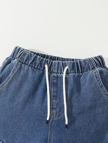 SHEIN 青少年男童复古休闲街头风多口袋宽松舒适全弹力腰带抽绳裤脚牛仔工装裤，适合学校、校园、学院风秋冬穿着 - 深色水洗藍 - 查看 5