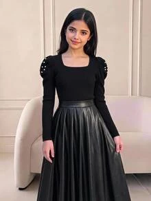 Tween女孩秋冬日常優雅針織拼接百褶黑色洋裝，萬聖節兒童洋裝 - 黑色 - 查看 6