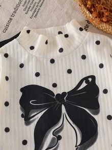 SHEIN 2件組幼女上衣與喇叭褲套裝，可愛甜美白色黑波點蝴蝶結荷葉邊長袖小高領，休閒派對秋季假期公主風舒適穿搭 - 黑色 - 查看 4