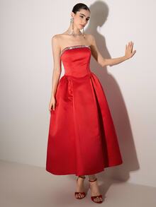 Poshira Rhinestone Decor Strapless Glamorous Ball Gown Dress (Heavily Embellished) - Red - View 7