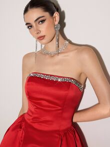 Poshira Rhinestone Decor Strapless Glamorous Ball Gown Dress (Heavily Embellished) - Red - View 2