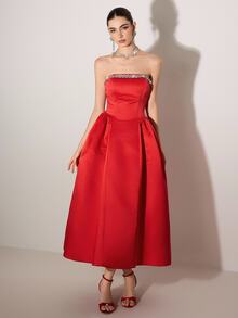Poshira Rhinestone Decor Strapless Glamorous Ball Gown Dress (Heavily Embellished) - Red - View 6