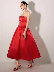 Poshira Rhinestone Decor Strapless Glamorous Ball Gown Dress (Heavily Embellished) - Red - View 8