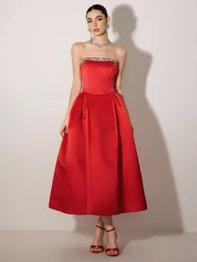 Poshira Rhinestone Decor Strapless Glamorous Ball Gown Dress (Heavily Embellished) - Red - View 5