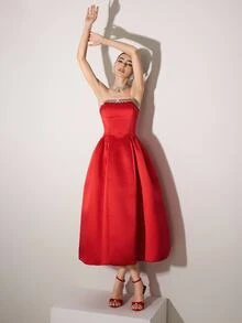 Poshira Rhinestone Decor Strapless Glamorous Ball Gown Dress (Heavily Embellished) - Red - View 3