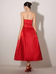 Poshira Rhinestone Decor Strapless Glamorous Ball Gown Dress (Heavily Embellished) - Red - View 4