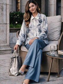 Lacomfia Women's Tie Dye Floral Print Shirt And Wide Leg Pants 2-Piece Set, Romantic Daily Wear, Plus Size Fall - Multicolor - View 1