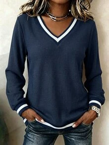 SHEIN LUNE Women Waffle Knit V Neck Pullover Contrast Stripe Trim Long Sleeve Casual Sweatshirt - Navy Blue - View 1