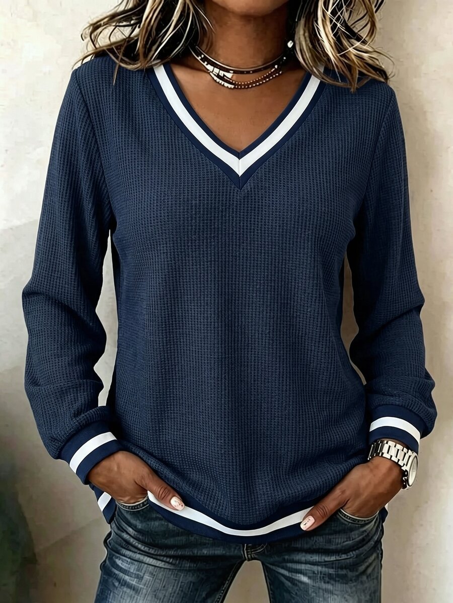 SHEIN LUNE Women Waffle Knit V Neck Pullover Contrast Stripe Trim Long Sleeve Casual Sweatshirt - Navy Blue - View 1