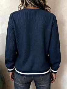 SHEIN LUNE Women Waffle Knit V Neck Pullover Contrast Stripe Trim Long Sleeve Casual Sweatshirt - Navy Blue - View 2