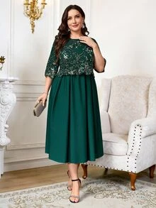 Reflora Plus Size Vintage Elegant Exquisite Sequin Round Neck Dress For Wedding And Evening Party Cocktail Dark Green Summer - Dark Green - View 7