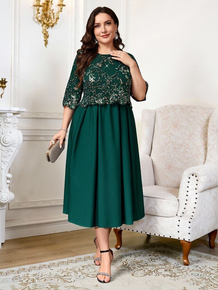 Reflora Plus Size Vintage Romantic Elegant Exquisite Sequin Round Neck Dress For Wedding Formal And Evening Party Cocktail Dark Green Summer - Dark Green - View 6