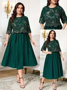 Reflora Plus Size Vintage Elegant Exquisite Sequin Round Neck Dress For Wedding And Evening Party Cocktail Dark Green Summer - Dark Green - View 9