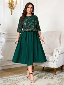 Reflora Plus Size Vintage Elegant Exquisite Sequin Round Neck Dress For Wedding And Evening Party Cocktail Dark Green Summer - Dark Green - View 2