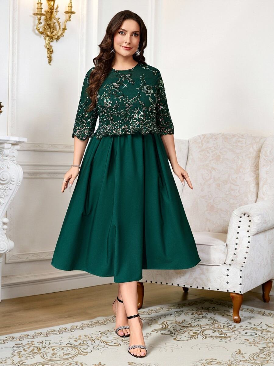 Reflora Plus Size Vintage Elegant Exquisite Sequin Round Neck Dress For Wedding And Evening Party Cocktail Dark Green Summer