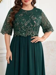Reflora Plus Size Vintage Elegant Exquisite Sequin Round Neck Dress For Wedding And Evening Party Cocktail Dark Green Summer - Dark Green - View 4
