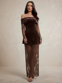 Silquee An Elegant French-Style Women's Workwear Set, Featuring A Coffee-Colored, Waist-Cinching A-Line Top And A Lace Skirt.Suitable For Daily Commuting And - Brown - View 8