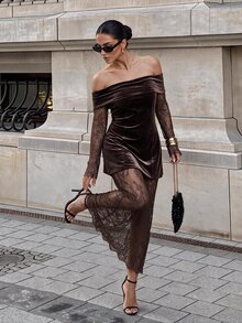 Silquee An Elegant French-Style Women's Workwear Set, Featuring A Coffee-Colored, Waist-Cinching A-Line Top And A Lace Skirt.Suitable For Daily Commuting And - Brown - View 1