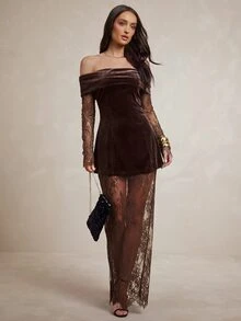 Silquee An Elegant French-Style Women's Workwear Set, Featuring A Coffee-Colored, Waist-Cinching A-Line Top And A Lace Skirt.Suitable For Daily Commuting And - Brown - View 6