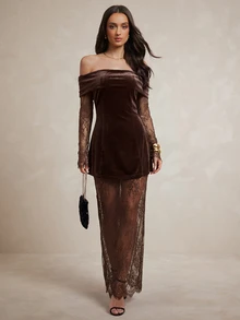 Silquee An Elegant French-Style Women's Workwear Set, Featuring A Coffee-Colored, Waist-Cinching A-Line Top And A Lace Skirt.Suitable For Daily Commuting And - Brown - View 9