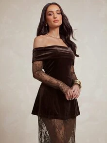 Silquee An Elegant French-Style Women's Workwear Set, Featuring A Coffee-Colored, Waist-Cinching A-Line Top And A Lace Skirt.Suitable For Daily Commuting And - Brown - View 10