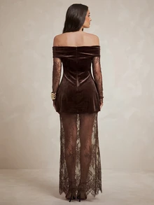Silquee An Elegant French-Style Women's Workwear Set, Featuring A Coffee-Colored, Waist-Cinching A-Line Top And A Lace Skirt.Suitable For Daily Commuting And - Brown - View 5