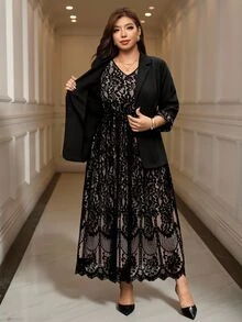 Reflora Plus Size Women's Contrast Lace Cuff Jacket And Dress Elegant Casual Suit Set Fall Wedding Party Formal Dinner Black Beige - Black - View 12