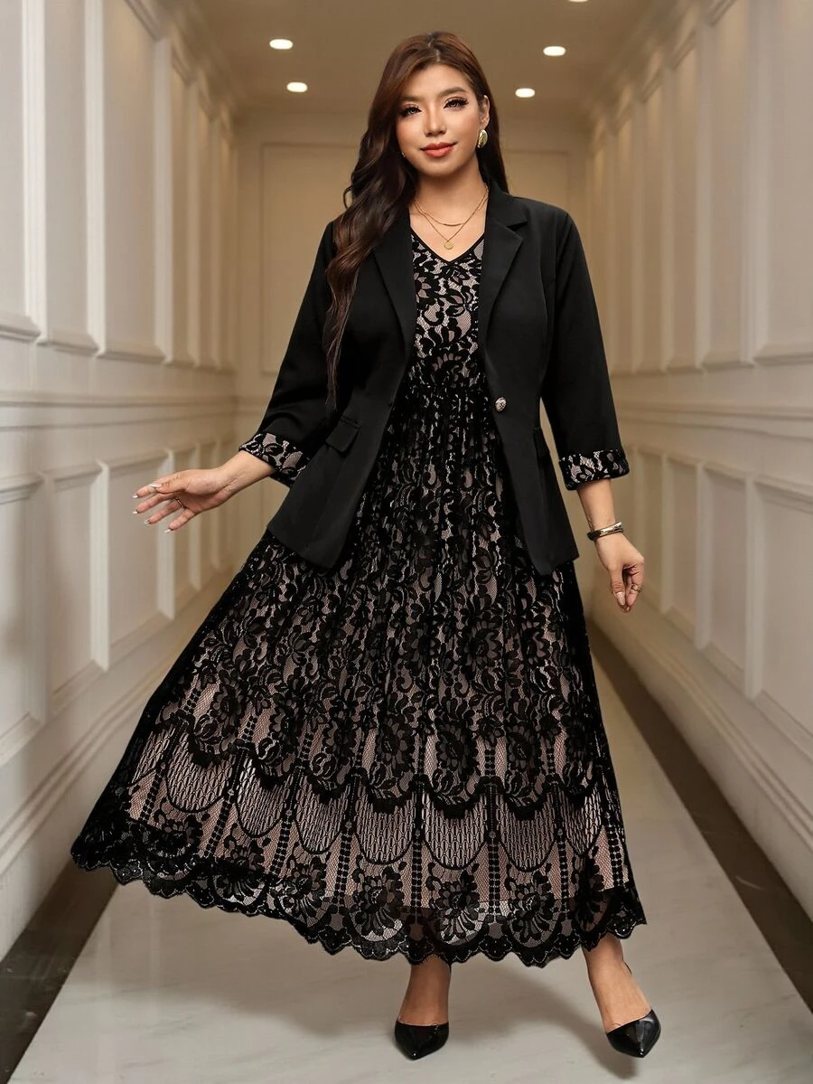 Reflora Plus Size Women's Contrast Lace Cuff Jacket And Dress Elegant Casual Suit Set Fall Wedding Party Formal Dinner Black Beige