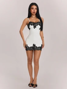 SHEIN PETITE Women's Elegant Romantic Exquisite Fashion Lace Patchwork Contrast Color Spaghetti Strap Fitted Mini Dress - Suitable For Daily, Date, Commute, Vacation, Wedding Guest, Party And Music Festival And Other Occasions - White - View 7
