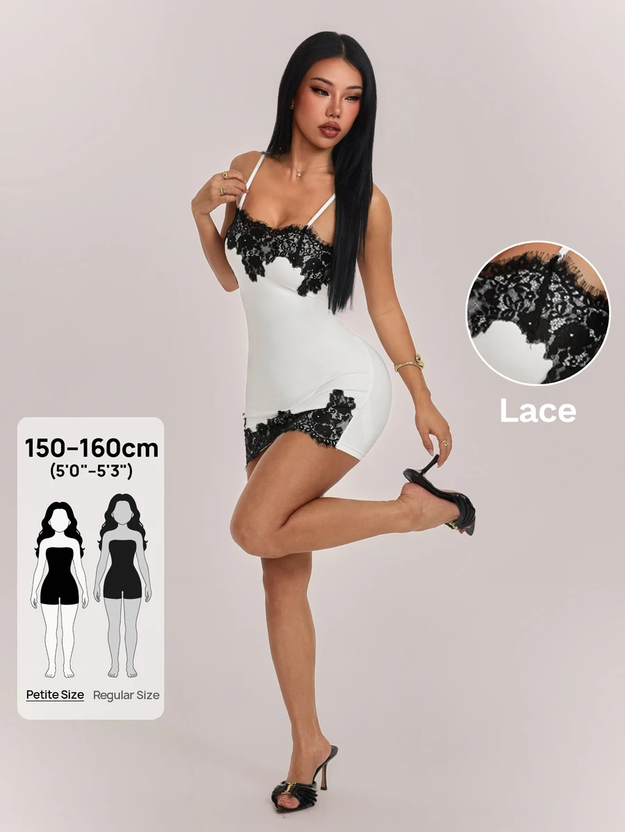 SHEIN PETITE Women's Elegant Romantic Exquisite Fashion Lace Patchwork Contrast Color Spaghetti Strap Fitted Mini Dress - Suitable For Daily, Date, Commute, Vacation, Wedding Guest, Party And Music Festival And Other Occasions - White - View 1