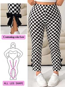 Solflare Plus Size Women's High Waist Checkerboard Bow Decor Slim Fit Long Pants - Black and White - View 7