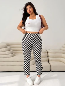 Solflare Plus Size Women's High Waist Checkerboard Bow Decor Slim Fit Long Pants - Black and White - View 5