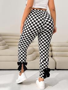 Solflare Plus Size Women's High Waist Checkerboard Bow Decor Slim Fit Long Pants - Black and White - View 2