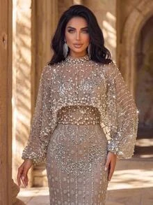 Glamrae Elegant Luxurious Beaded Diamond Sequin Embroidered Lace 2 Pieces Set Shawl & Strapless Mermaid Dress, Suitable For Wedding, Party, Bachelorette Party, Vacation, Prom, Evening Gala - Khaki - View 1