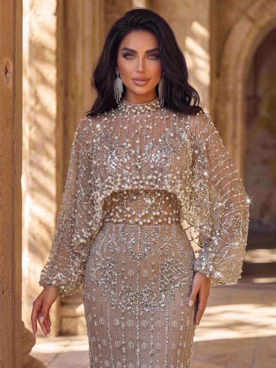Glamrae Elegant Luxurious Beaded Diamond Sequin Embroidered Lace 2 Pieces Set Shawl & Strapless Mermaid Dress, Suitable For Wedding, Party, Bachelorette Party, Vacation, Prom, Evening Gala - Khaki - View 1