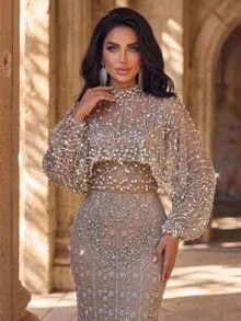 Glamrae Elegant Luxurious Beaded Diamond Sequin Embroidered Lace 2 Pieces Set Shawl & Strapless Mermaid Dress, Suitable For Wedding, Party, Bachelorette Party, Vacation, Prom, Evening Gala - Khaki - View 7