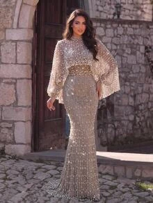 Glamrae Elegant Luxurious Beaded Diamond Sequin Embroidered Lace 2 Pieces Set Shawl & Strapless Mermaid Dress, Suitable For Wedding, Party, Bachelorette Party, Vacation, Prom, Evening Gala - Khaki - View 5