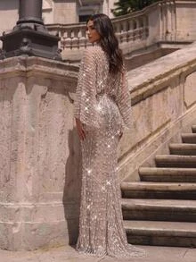 Glamrae Elegant Luxurious Beaded Diamond Sequin Embroidered Lace 2 Pieces Set Shawl & Strapless Mermaid Dress, Suitable For Wedding, Party, Bachelorette Party, Vacation, Prom, Evening Gala - Khaki - View 3