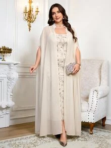 Reflora 大尺碼優雅浪漫正式派對雞尾酒長款花卉印花洋裝 2 件套 婚禮全白夏季藍色 - 杏色 - 查看 10