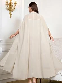 Reflora 大尺碼優雅浪漫正式派對雞尾酒長款花卉印花洋裝 2 件套 婚禮全白夏季藍色 - 杏色 - 查看 3