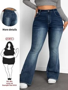 SHEIN CURVE+ 大尺碼女款休閒隨性高腰喇叭腿牛仔褲，度假派對藍色秋季款 - 深色水洗藍 - 查看 1