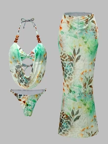SHEIN Swim 2026SS Spring Summer New Boho Style Printed Elegant High-End Vacation Beach Seaside Casual Women Swimsuit Set - Multicolor - View 2