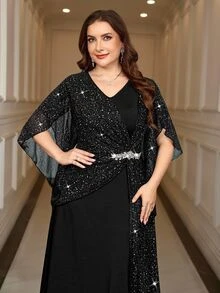 Reflora Plus Size Elegant Formal Sexy Party Dinner Nightwear Cocktail Evening Glitter Patchwork Dress Black Summer Wedding Halloween - Black - View 6