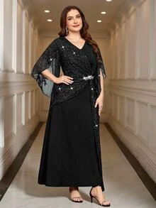 Reflora Plus Size Elegant Formal Sexy Party Dinner Nightwear Cocktail Evening Glitter Patchwork Dress Black Summer Wedding Halloween - Black - View 4