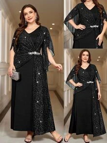 Reflora Plus Size Elegant Formal Sexy Party Dinner Nightwear Cocktail Evening Glitter Patchwork Dress Black Summer Wedding Halloween - Black - View 1