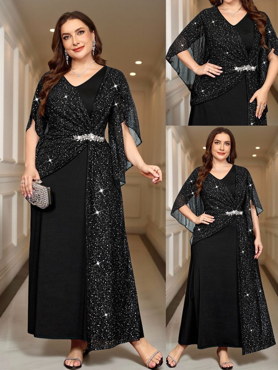 Reflora Plus Size Elegant Formal Sexy Party Dinner Nightwear Cocktail Evening Glitter Patchwork Dress Black Summer Wedding Halloween - Black - View 1