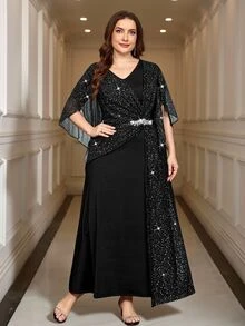Reflora Plus Size Elegant Formal Sexy Party Dinner Nightwear Cocktail Evening Glitter Patchwork Dress Black Summer Wedding Halloween - Black - View 3