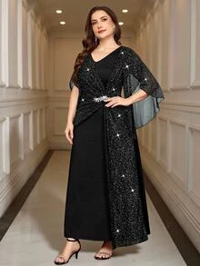 Reflora Plus Size Elegant Formal Sexy Party Dinner Nightwear Cocktail Evening Glitter Patchwork Dress Black Summer Wedding Halloween - Black - View 5