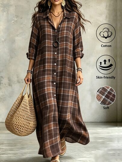 Linhara CURVE Women's Plus Size Casual Vintage French Style Loose Plaid Shirt Collar Dress, Simple Button Design Long Sleeve Slit Dress, Suitable For Women's Spring Autumn Casual Vacation Dress, Women's Basic Casual Dress, Elegant Color Block Dress, Casual Dress, Women's Commute Outfit, Office Wear, Women's Plaid Dress